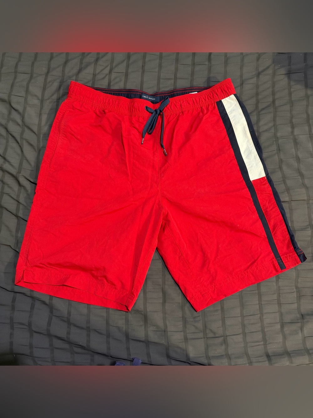 Tommy Hilfiger Men’s Large Red Swim Trunks with Navy & White Side Stripe